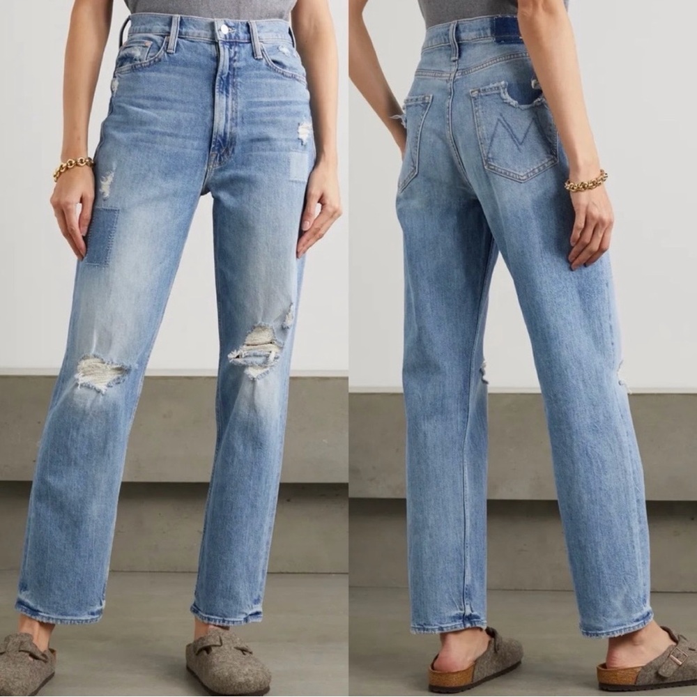 MOTHER Straight Leg Distressed Light Blue Jeans